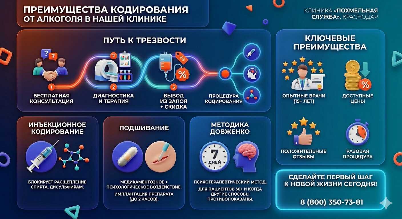 Инфографика о методах кодирования от алкоголя в Голой Пристани: инъекции, подшивание, метод Довженко. Преимущества клиники и этапы лечения.