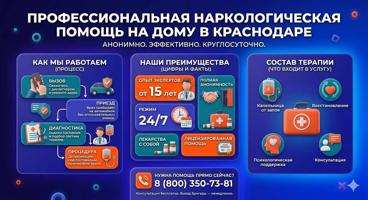 Инфографика о принципах лечения алкоголизма на дому в Голой Пристани: этапы вызова нарколога, преимущества анонимной детоксикации и состав медицинской помощи.
